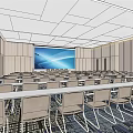 Large Modern Conference Room Interior With Arranged Tables Chairs And Projector Screen