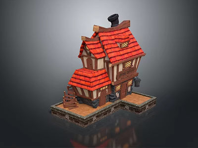 Cartoon Style Small Building with Red Tiled Roof Wooden Frame Small Windows and Chimney 3d model