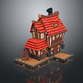 Cartoon Style Small Building with Red Tiled Roof Wooden Frame Small Windows and Chimney
