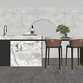 Modern Bar Counter With Marble Top Two Brown Bar Stools And Arched Wall