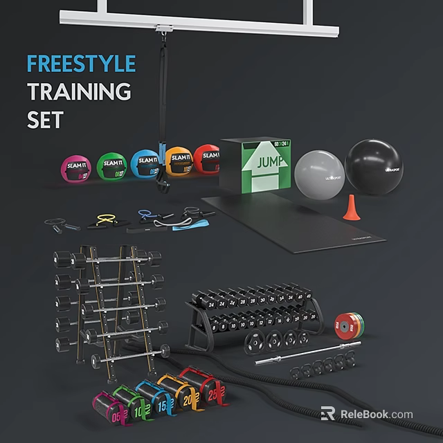Freestyle Training Set Sports Equipment with Kettlebells Jump Box Medicine Balls Dumbbell Rack and Barbells 3d model 