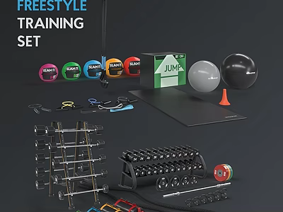 Freestyle Training Set Sports Equipment with Kettlebells Jump Box Medicine Balls Dumbbell Rack and Barbells 3d model