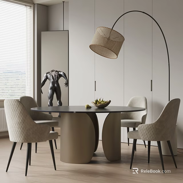 Modern Dining Table Set With Round Top Beige Chairs And Woven Pendant Lamp 3d model 