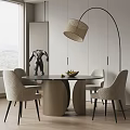 Modern Dining Table Set With Round Top Beige Chairs And Woven Pendant Lamp
