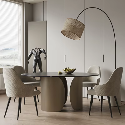 Modern Dining Table Set With Round Top Beige Chairs And Woven Pendant Lamp 3d model