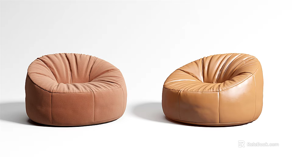 Two Brown Leather Bean Bag Chairs Modern Round Design For Living Room 3d model 