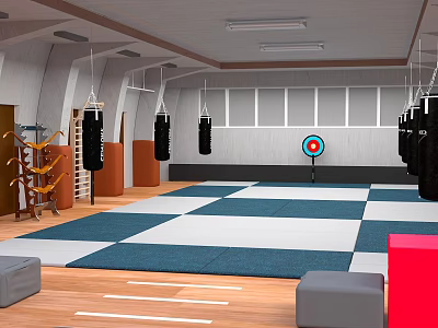 Martial Arts Training Room With Hanging Punching Bags Target And Checkered Mats 3d model