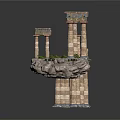 Ancient Architectural Ruins With Tall Columns On Floating Rock Platform And Green Plants