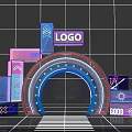 Glowing Neon Display Featuring Arc Structure Logo And Multiple Signs On Grid Background 3d model