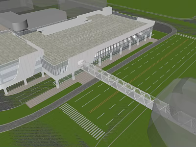 Modern Building Design With Glass Facade Pedestrian Bridge And Green Lawn 3d model