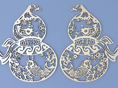 Two Intricate White Carving Artworks Featuring Gourd Shapes Fish And Floral Patterns On Blue Background 3d model