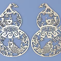 Two Intricate White Carving Artworks Featuring Gourd Shapes Fish And Floral Patterns On Blue Background