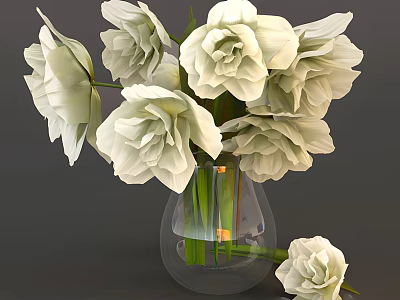 Transparent Glass Vase Featuring White Flowers and Green Stems for Home Decor 3d model