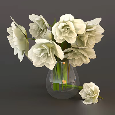 Transparent Glass Vase Featuring White Flowers and Green Stems for Home Decor 3d model