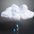 White Cloud With Falling Water Droplets Little Figure And Small Blue Object On Dark Background