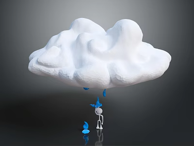 White Cloud With Falling Water Droplets Little Figure And Small Blue Object On Dark Background 3d model