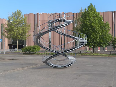 Outdoor Spiral Staircase In Plaza Area With Spiral Design Red Brick Building And Green Trees 3d model