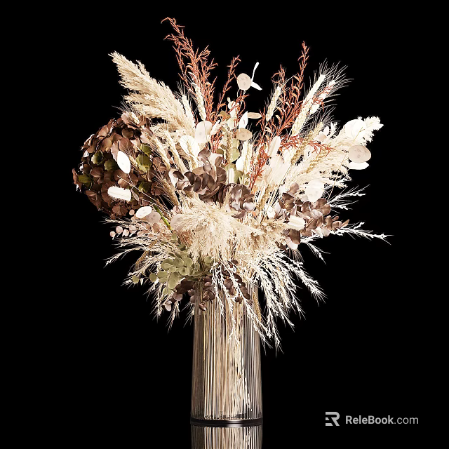 Decorative Glass Vase with Neutral Tones Dried Flowers and Feathery Grasses 3d model 
