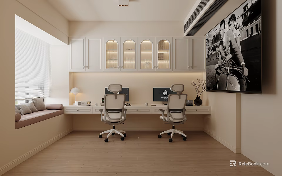 Modern Study Room Interior With White Glass Door Cabinets Window Bench Two Office Chairs Computers 3d model