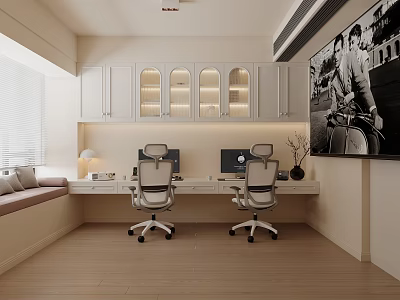 Modern Study Room Interior With White Glass Door Cabinets Window Bench Two Office Chairs Computers 3d model