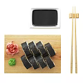 Delicious Sushi Rolls Served on Wooden Board with Chopsticks Soy Sauce Wasabi and Pickled Ginger