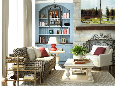 Patterned Sofa And White Coffee Table Set With Red Pillows Green Plant And Blue Bookshelf 3d model