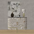 Modern Console Sideboard Cabinet With Marble Pattern Vase Lamp And Wall Art Decor 3d model