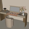 Modern Dressing Table With Gold Frame Flip Mirror Beige Stool And Flower Vase 3d model