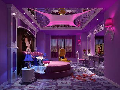 Purple Themed Hotel Guest Room Interior With Round Bed Decorative Ceiling Mirrors And Patterned Carpet 3d model