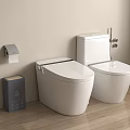 Modern White Toilets With Toilet Paper Holder Trash Bin Light Colored Wall And Wooden Floor