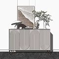 Minimalist Modern Entryway Console Table With Curved Pattern Doors Green Plant Lamp And Artwork