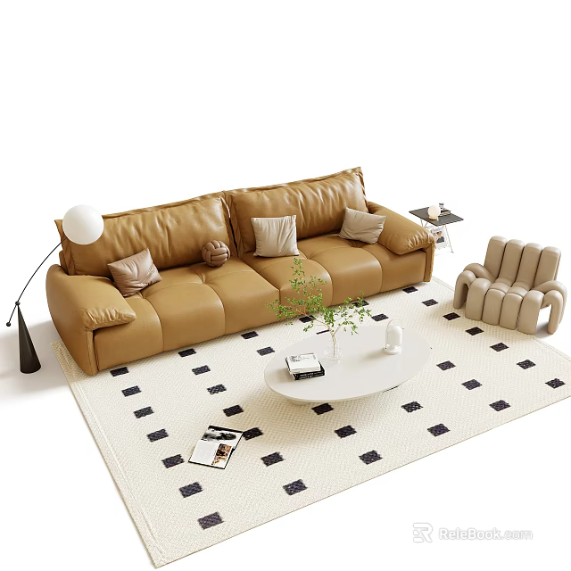 Modern Brown Leather Sofa And White Round Coffee Table With Pillows Accent Chair And Rug 3d model 