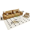 Modern Brown Leather Sofa And White Round Coffee Table With Pillows Accent Chair And Rug