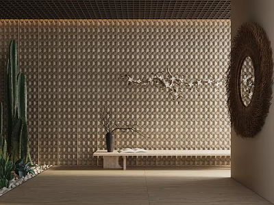 Modern Textured Gypsum Cornice Wall with Circular Mirror Decorative Branches and Plants 3d model