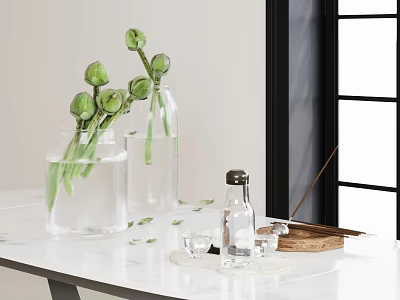 Transparent Vases With Green Flower Buds On White Table And Small Bottle Glass Cups Wooden Tray 3d model