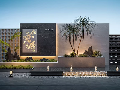 Modern Luxe Garden Landscape With Palm Trees Water Features And Stone Accents 3d model