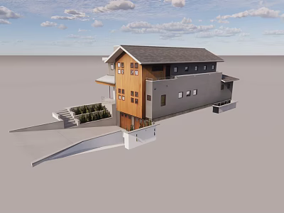 Detached Two Story House With Wooden And Gray Exterior Gray Roof And Staircase 3d model