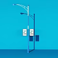 Outdoor Light on Blue Lamp Post with Two Lights and White Billboards Against Blue Background