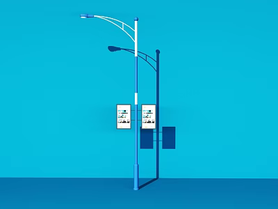 Outdoor Light on Blue Lamp Post with Two Lights and White Billboards Against Blue Background 3d model