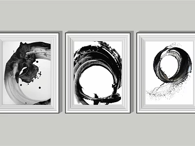 Black and White Abstract Paintings With Framed Circular Ink Brush Designs 3d model