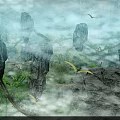 Breathtaking Natural Landscape Of Towering Karst Peaks With Flying Pterosaurs And Lush Green Forests