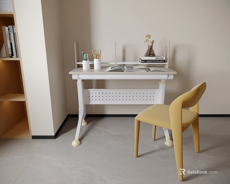 Minimalist Modern White Desk With Open Book Stationery Vase And Yellow Chair Near Wooden Bookshelf 3d model 