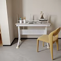 Minimalist Modern White Desk With Open Book Stationery Vase And Yellow Chair Near Wooden Bookshelf
