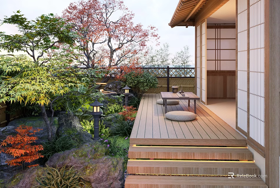 Zen Karesansui Garden Design With Wooden Deck Shoji Doors Stone Lanterns And Red Maple Trees 3d model 