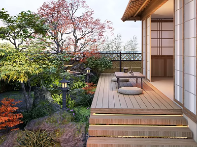 Zen Karesansui Garden Design With Wooden Deck Shoji Doors Stone Lanterns And Red Maple Trees 3d model