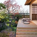 Zen Karesansui Garden Design With Wooden Deck Shoji Doors Stone Lanterns And Red Maple Trees
