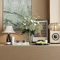 Decorative Ornaments Set With Vase Flowers Table Lamp Books Marble Tray And Green Wall Art