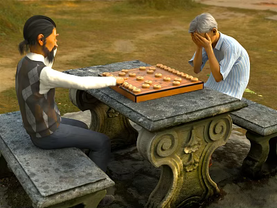 Two Elderly Men Playing Chinese Chess Outdoors At Stone Table 3d model