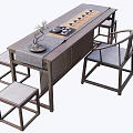 Traditional Chinese Style Tea Table With Matching Chairs Stools And Bonsai