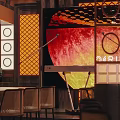 Modern Bar Interior Featuring Wooden Ceiling Cloud Pendant Lights Circular Screen And Warm Lighting
